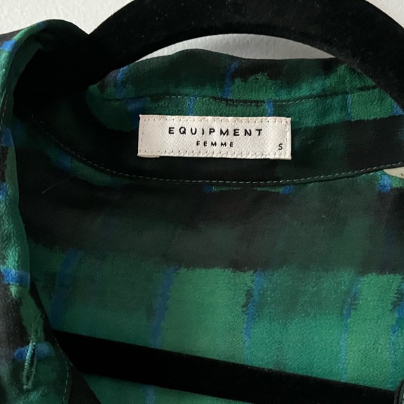 Equipment Silk Blend Button Down Blouse, Sheer Green Blue Black Pattern, Size S - Picture 4 of 4
